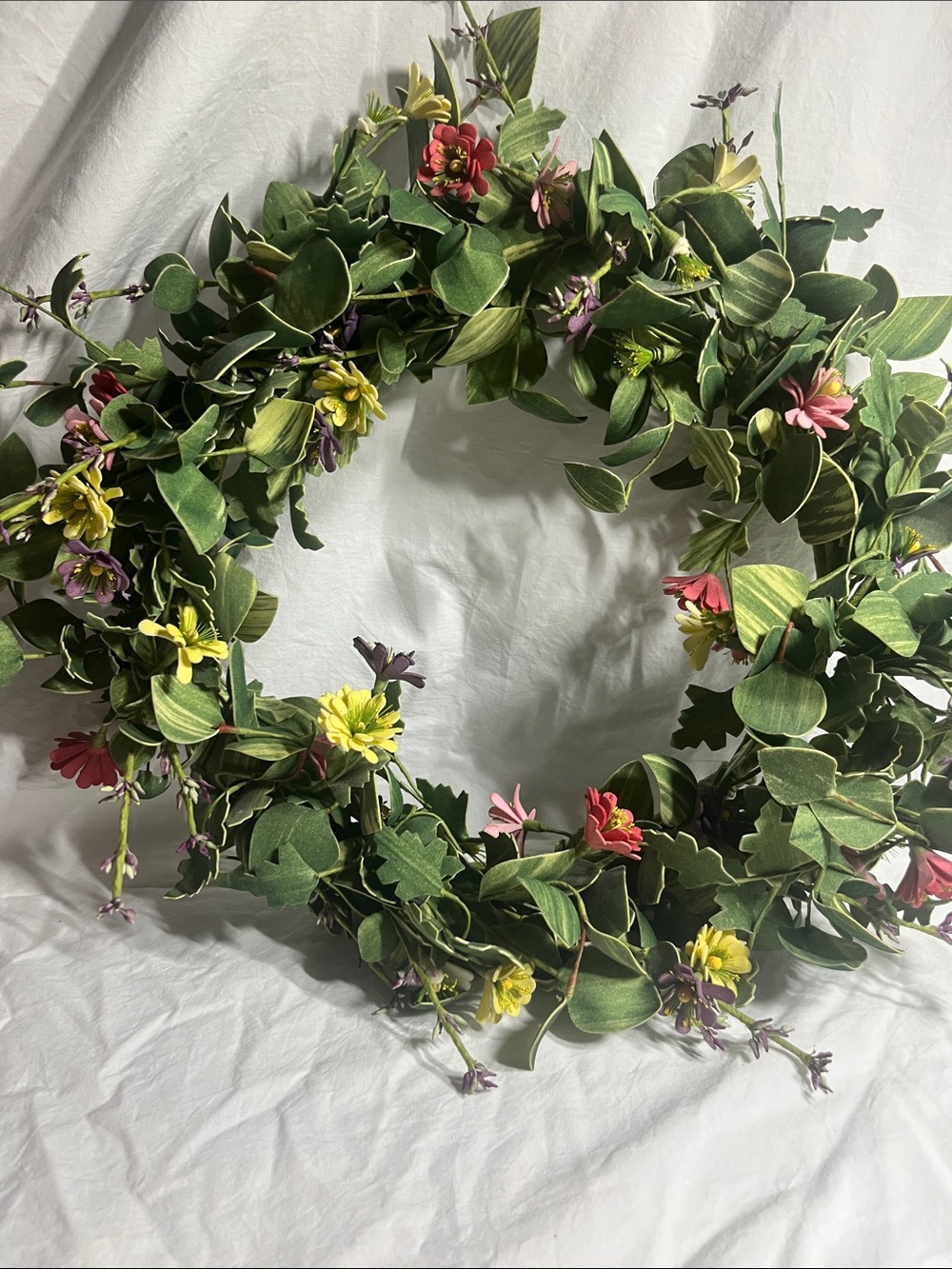 Spring Floral Green Wreath with Pink, Yellow and Purple Flowers